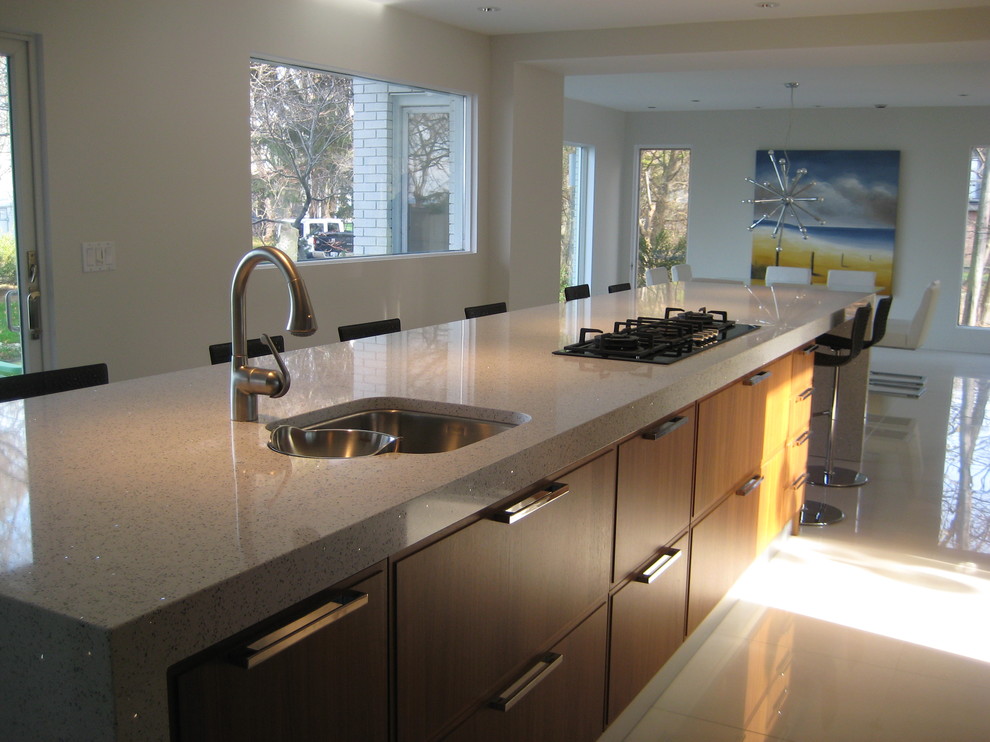 Modern Kitchen, white countertops, walnut cabinets ...