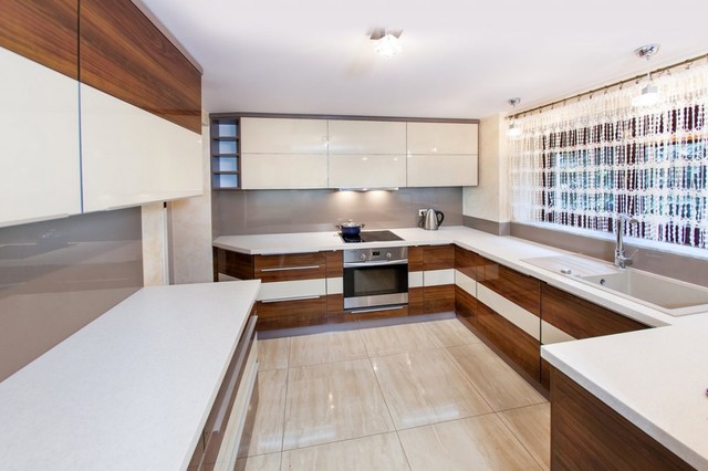 Modern Kitchen with Veneer and White Cabinets - Contemporary - Kitchen ...