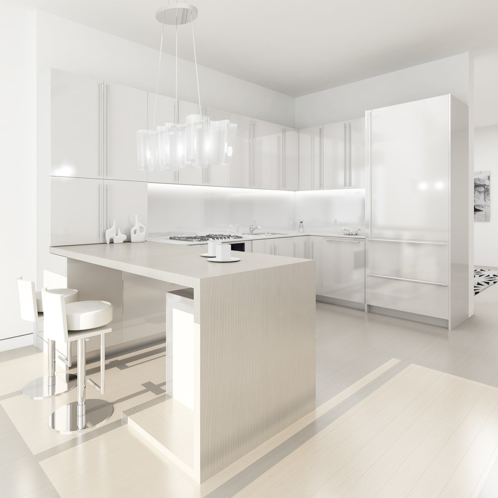 Immagine di una cucina contemporanea di medie dimensioni con ante lisce, ante bianche e penisola
