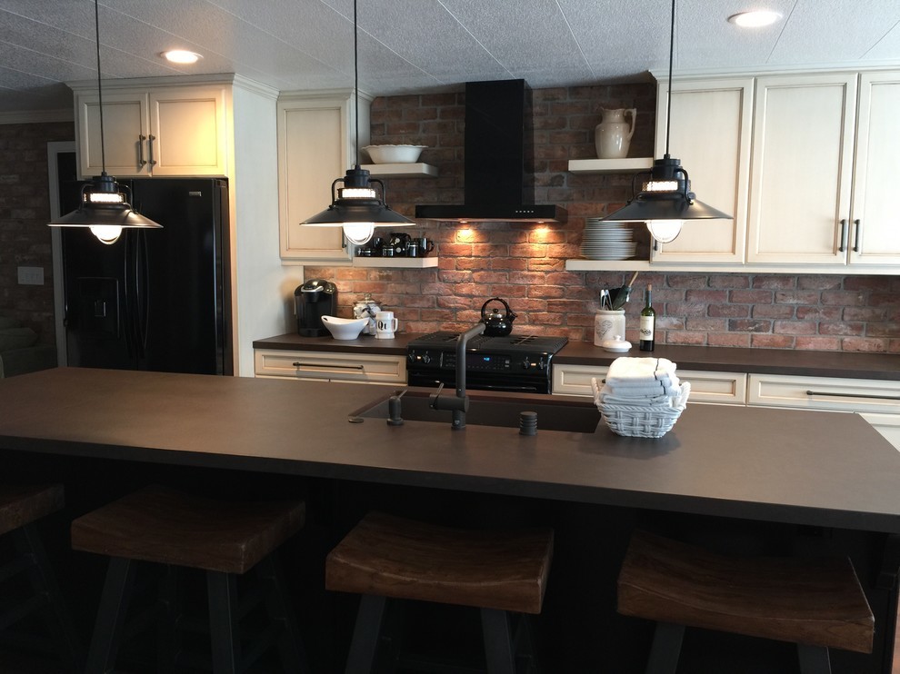 Foto på ett funkis kök och matrum, med bänkskiva i kvarts och en köksö