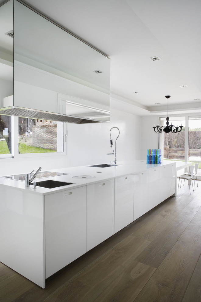Cette image montre une cuisine américaine minimaliste avec un placard à porte plane et un évier 1 bac.