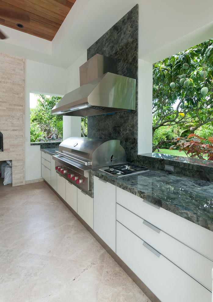 Trendy u-shaped kitchen photo in Miami with flat-panel cabinets, white cabinets, gray backsplash, stone tile backsplash and stainless steel appliances