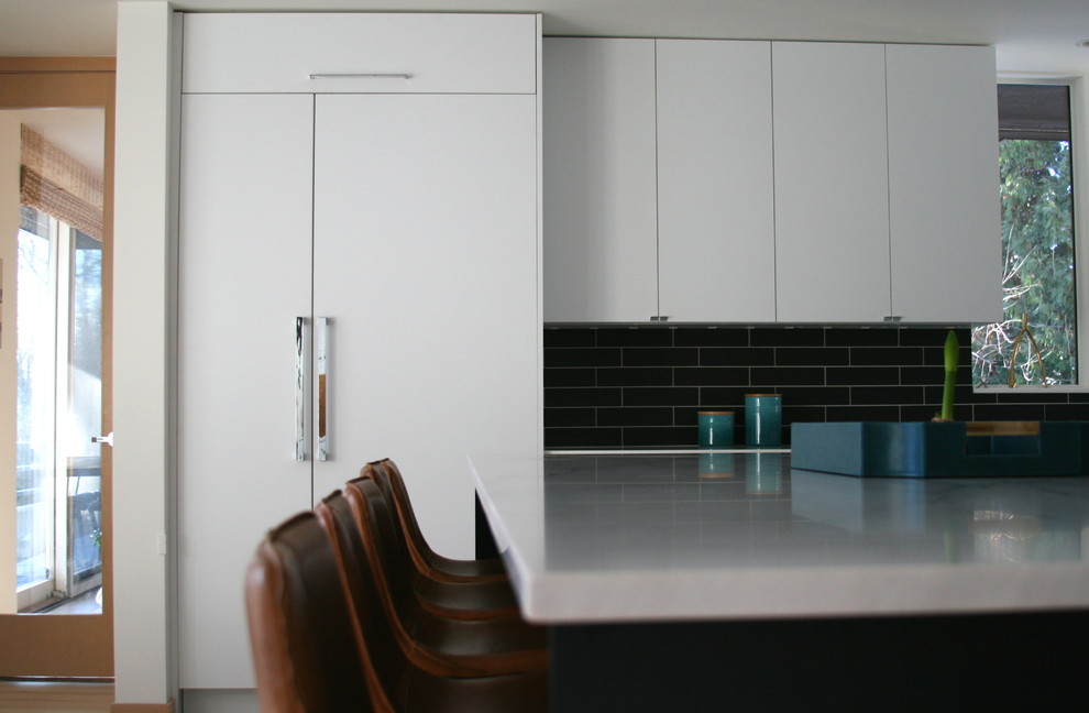 Ejemplo de cocinas en L minimalista grande con una isla, armarios con paneles lisos, salpicadero negro y electrodomésticos con paneles