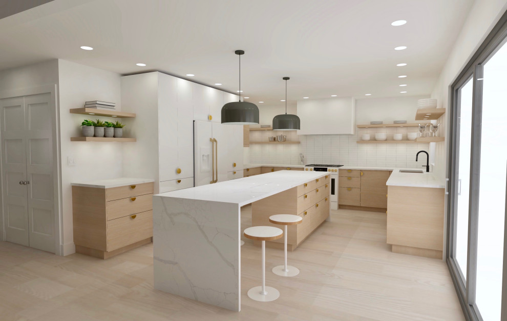 Medium sized retro u-shaped open plan kitchen in Detroit with a double-bowl sink, flat-panel cabinets, light wood cabinets, engineered stone countertops, white splashback, metro tiled splashback, white appliances, light hardwood flooring, an island, beige floors and white worktops.