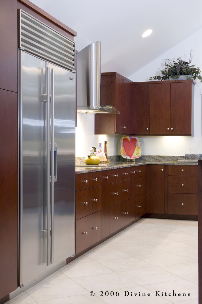 Example of a large trendy u-shaped ceramic tile eat-in kitchen design in Boston with a double-bowl sink, flat-panel cabinets, dark wood cabinets, granite countertops, white backsplash, stainless steel appliances and two islands