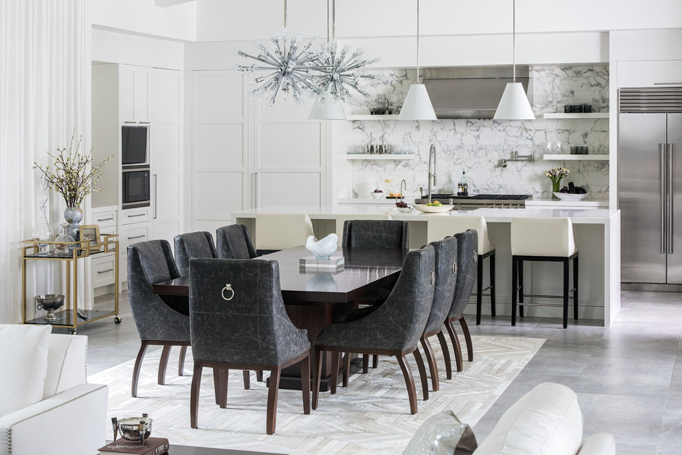 Design ideas for a large contemporary l-shaped kitchen/diner in Orlando with a belfast sink, open cabinets, white cabinets, laminate countertops, marble splashback, stainless steel appliances, ceramic flooring and an island.