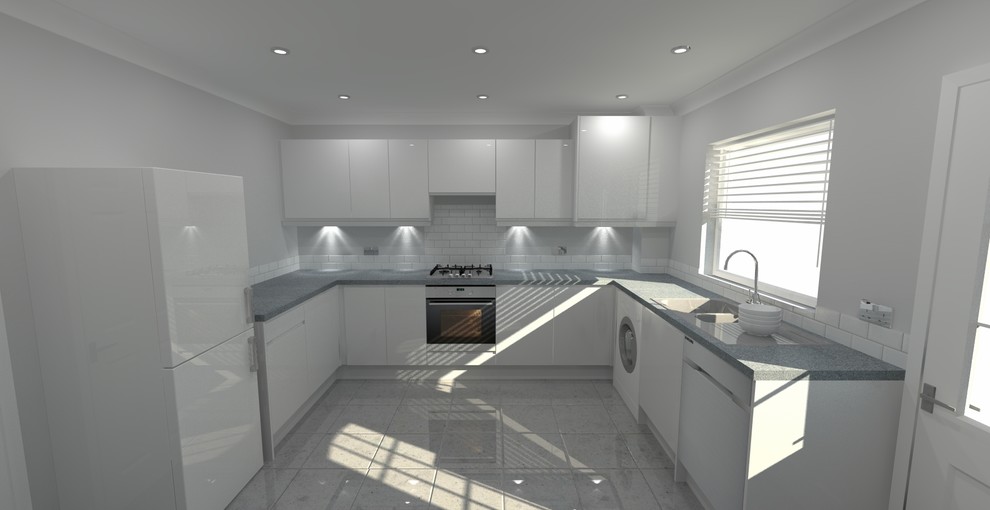Medium sized contemporary u-shaped open plan kitchen in Dorset with a double-bowl sink, flat-panel cabinets, white cabinets, laminate countertops, white splashback, ceramic splashback, white appliances, ceramic flooring and no island.