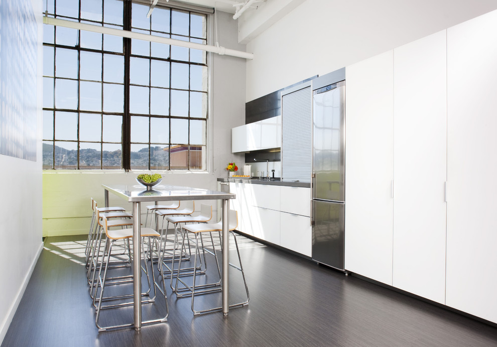 サンフランシスコにあるミッドセンチュリースタイルのおしゃれなI型キッチン (シルバーの調理設備、フラットパネル扉のキャビネット、白いキャビネット) の写真