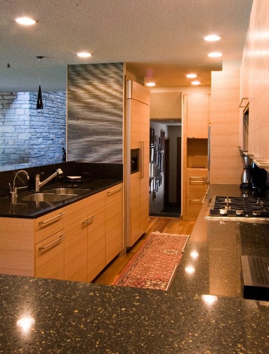 Imagen de cocina minimalista con armarios con paneles lisos, puertas de armario de madera clara, encimera de granito y electrodomésticos con paneles