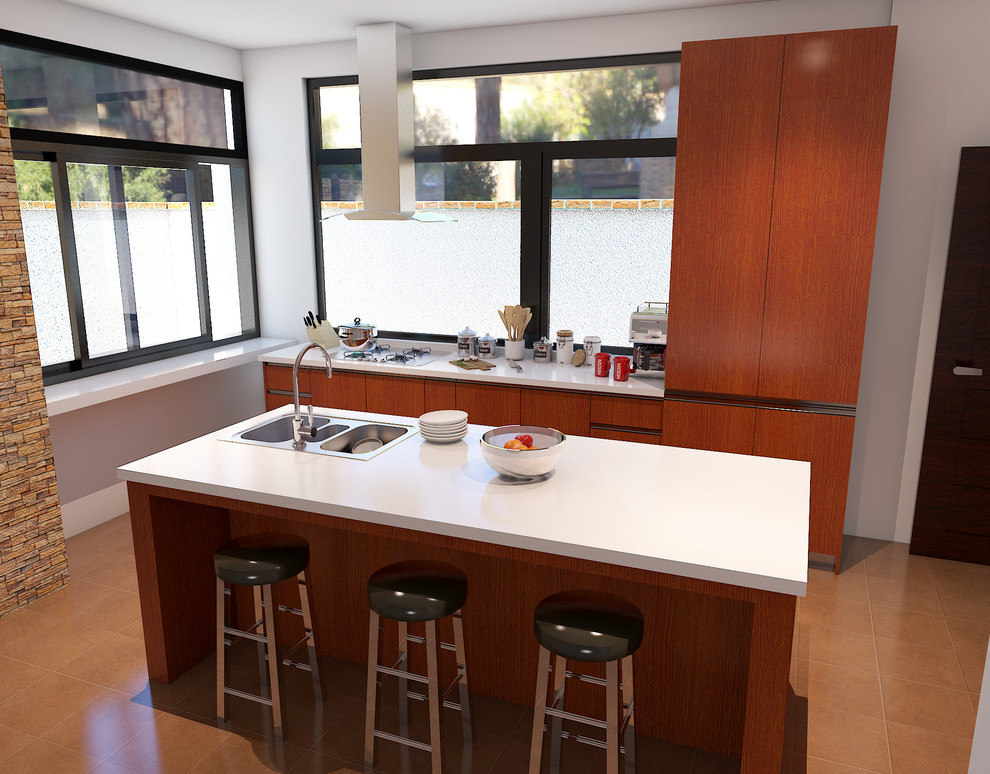 Esempio di una cucina moderna di medie dimensioni con lavello a doppia vasca, ante arancioni, top in superficie solida, pavimento con piastrelle in ceramica, pavimento beige e top bianco
