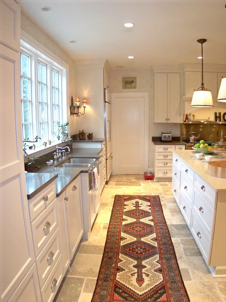 Inspiration for a timeless u-shaped eat-in kitchen remodel in Baltimore with a farmhouse sink, shaker cabinets, white cabinets, quartz countertops and paneled appliances