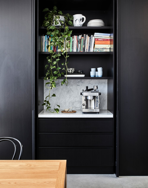 Modern Luxury Awaits: Coffee Bar Ideas with Black Cabinets, Marble Backsplash, and Countertop