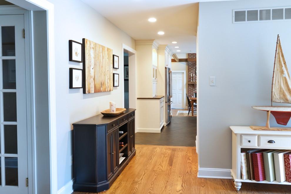 Large transitional single-wall medium tone wood floor kitchen photo in Philadelphia