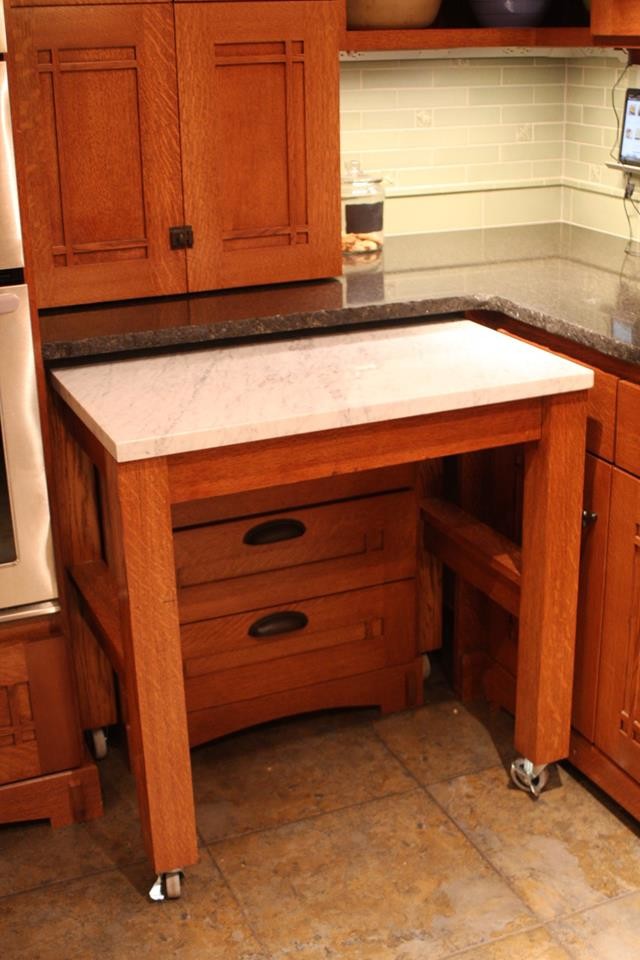 Inspiration for a mid-sized craftsman u-shaped ceramic tile open concept kitchen remodel in Seattle with an undermount sink, shaker cabinets, medium tone wood cabinets, granite countertops, green backsplash, ceramic backsplash, stainless steel appliances and an island