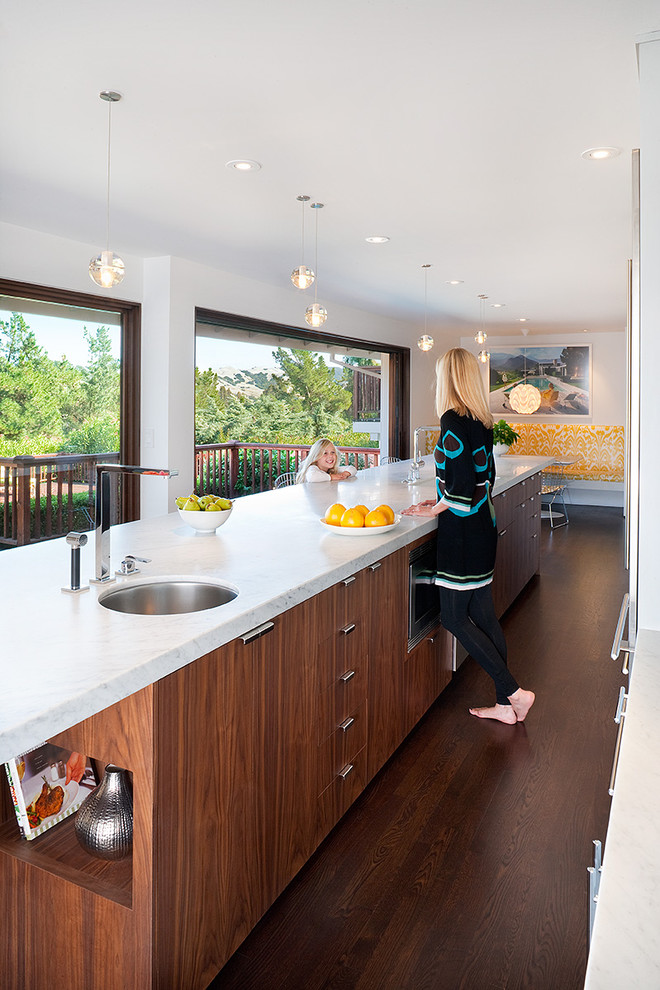 На фото: параллельная кухня в стиле ретро с врезной мойкой, плоскими фасадами и фасадами цвета дерева среднего тона с