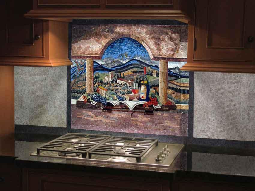 Источник вдохновения для домашнего уюта: кухня в стиле кантри с разноцветным фартуком и фартуком из плитки мозаики