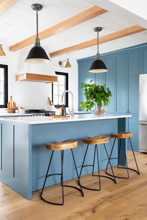 Wooden Beams and Blue Hues: Captivating Modern Farmhouse Kitchen Ideas