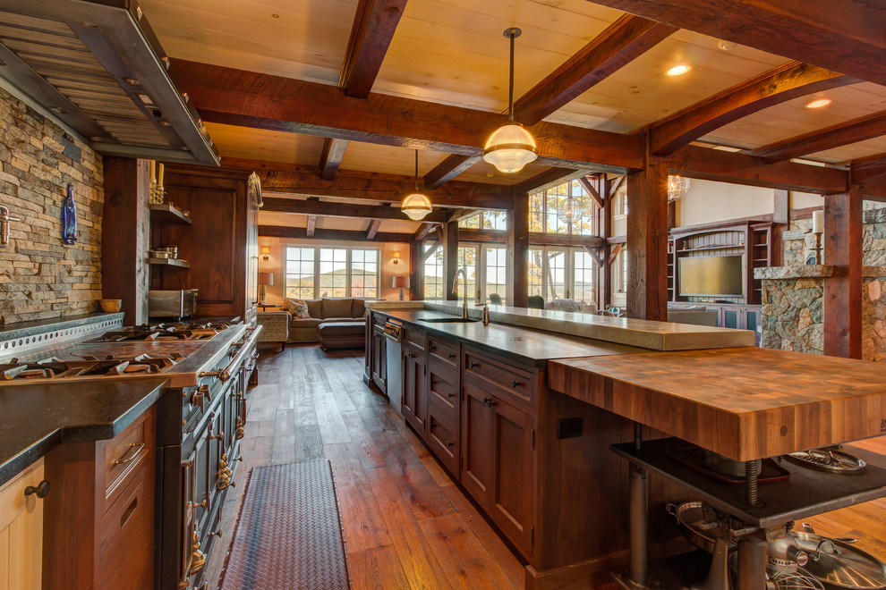 Design ideas for a large rustic galley open plan kitchen in Other with an island.