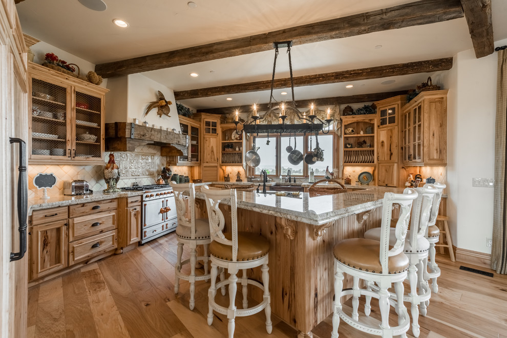 Design ideas for a rustic kitchen in Denver with a belfast sink, light wood cabinets, beige splashback, light hardwood flooring, an island, beige floors and multicoloured worktops.