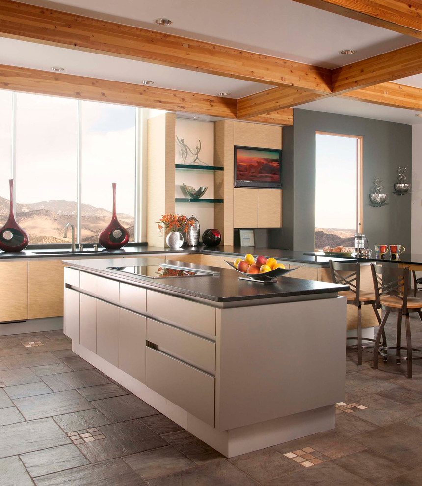 Immagine di un'ampia cucina minimal con ante lisce, ante grigie, pavimento in ardesia e pavimento multicolore