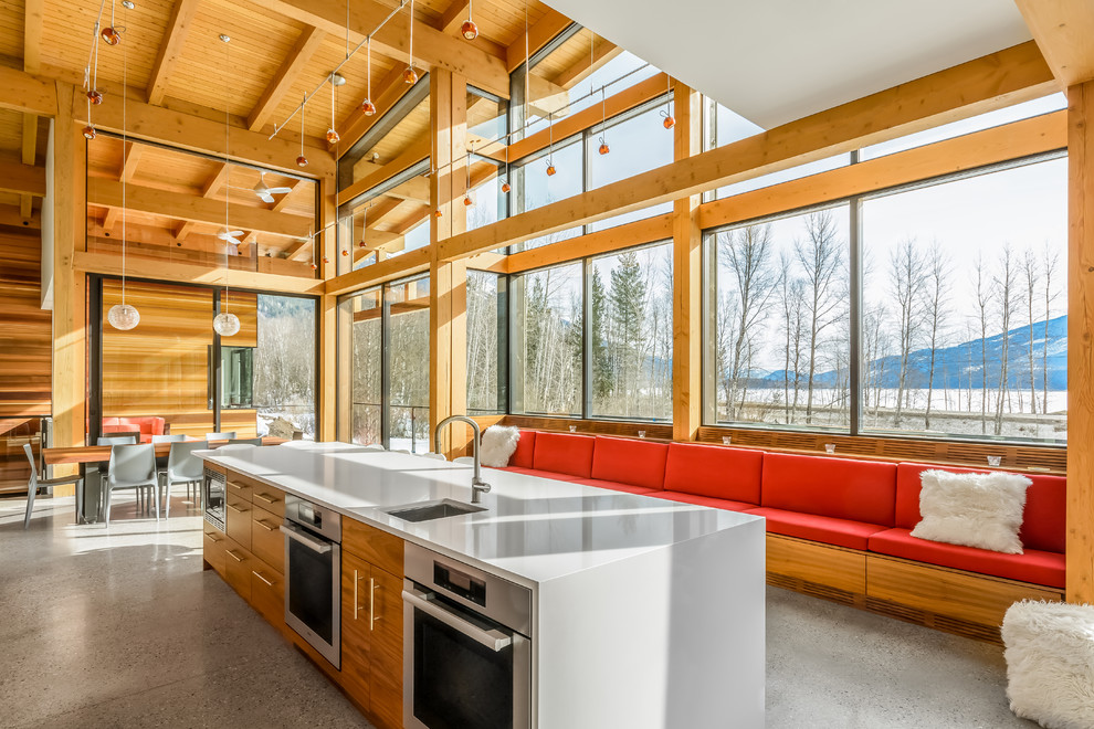 Свежая идея для дизайна: параллельная кухня в стиле модернизм с накладной мойкой, белыми фасадами, бетонным полом и островом - отличное фото интерьера