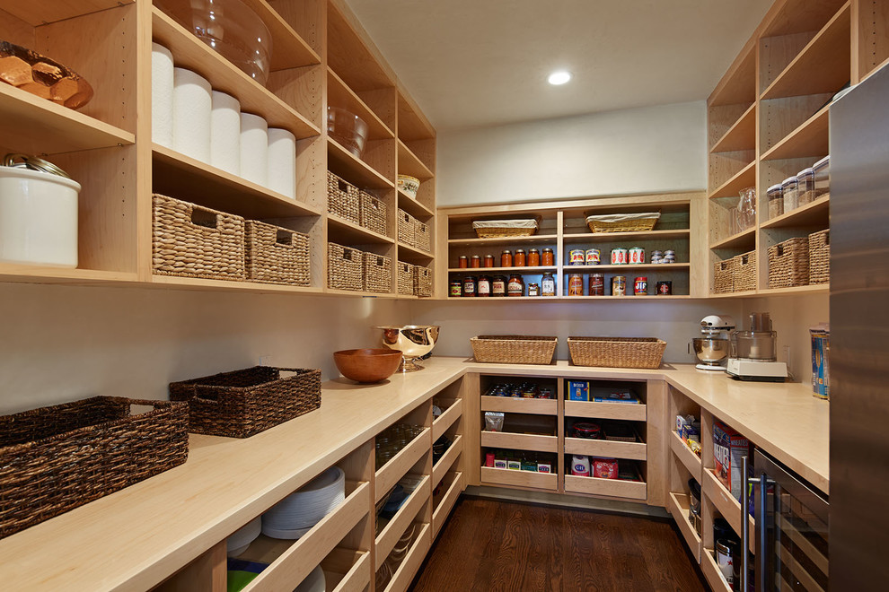 Inspiration for a timeless dark wood floor kitchen pantry remodel in San Francisco with open cabinets and light wood cabinets