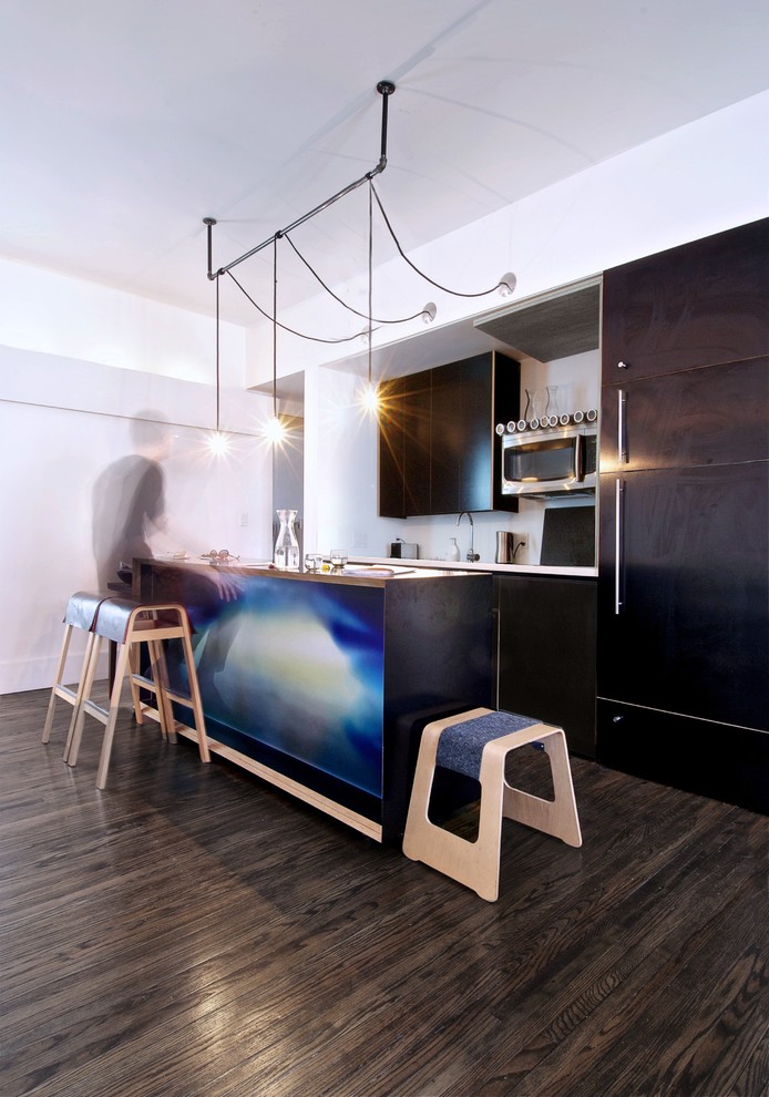 Urban galley kitchen photo in Toronto with flat-panel cabinets, black cabinets and paneled appliances