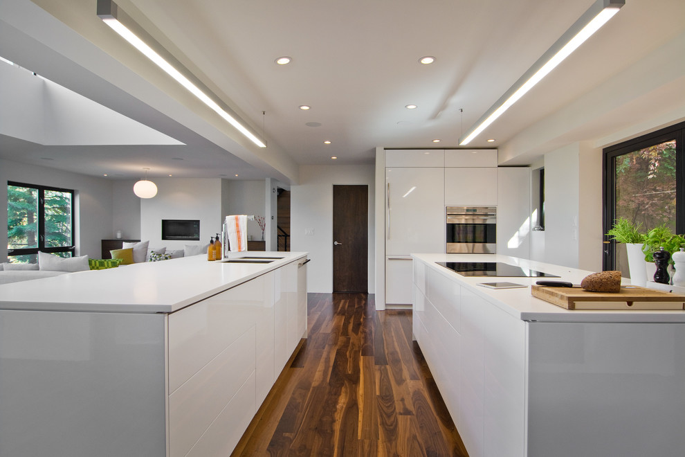 Idées déco pour une cuisine ouverte encastrable moderne avec des portes de placard blanches et un placard à porte plane.
