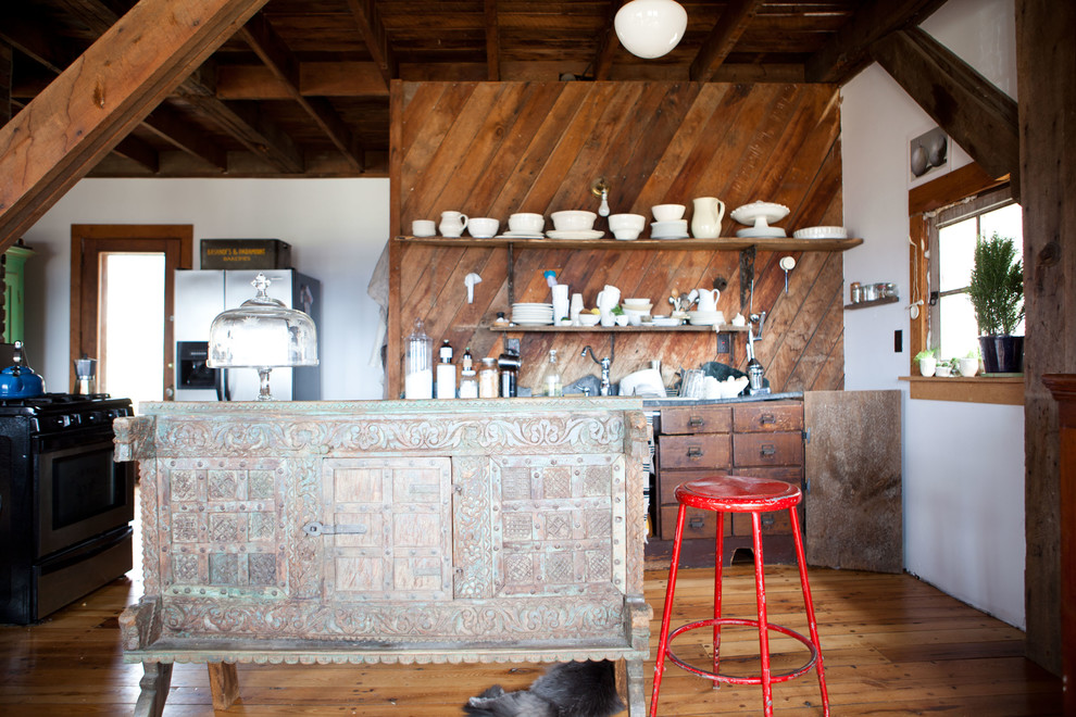 Kitchen - eclectic kitchen idea in Burlington with open cabinets