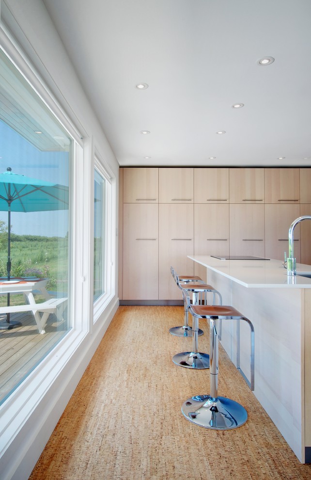 На фото: кухня в современном стиле с врезной мойкой, плоскими фасадами и светлыми деревянными фасадами с