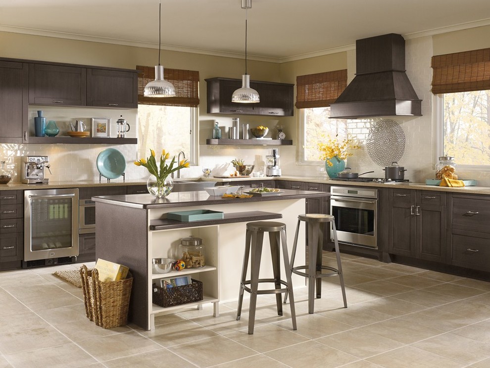 Inspiration for a mid-sized contemporary l-shaped porcelain tile open concept kitchen remodel in Calgary with shaker cabinets, dark wood cabinets, white backsplash, subway tile backsplash, stainless steel appliances, an island and a farmhouse sink