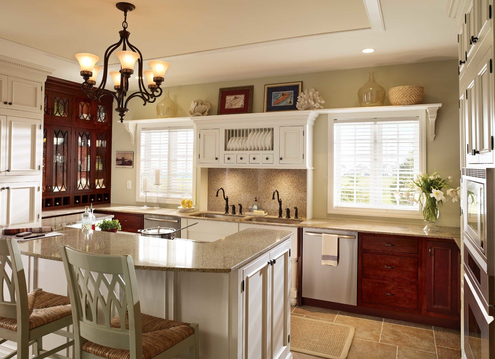 Inspiration for a mid-sized farmhouse u-shaped porcelain tile and brown floor eat-in kitchen remodel in Atlanta with an undermount sink, beaded inset cabinets, red cabinets, quartz countertops, beige backsplash, stone slab backsplash, stainless steel appliances, an island and brown countertops