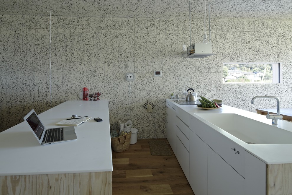 Idée de décoration pour une cuisine minimaliste avec un évier intégré.