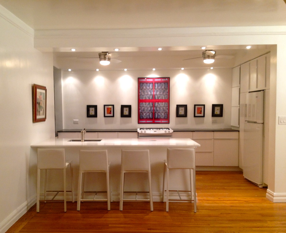 Mid-sized trendy galley kitchen photo in New York with an undermount sink, flat-panel cabinets, white cabinets, quartzite countertops, white appliances and a peninsula