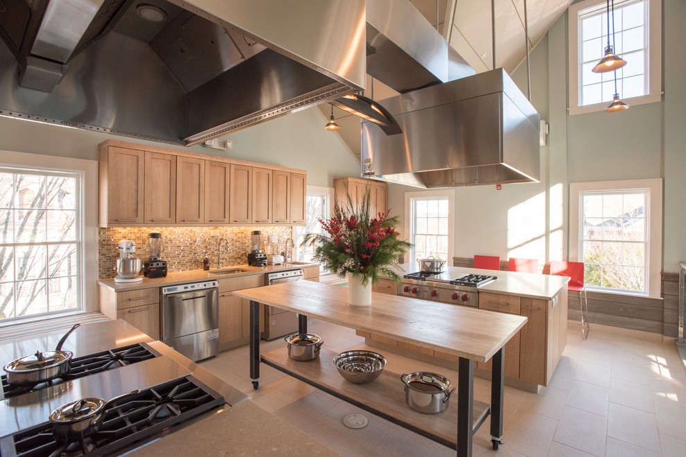 Contemporary kitchen in Boston with grey splashback.