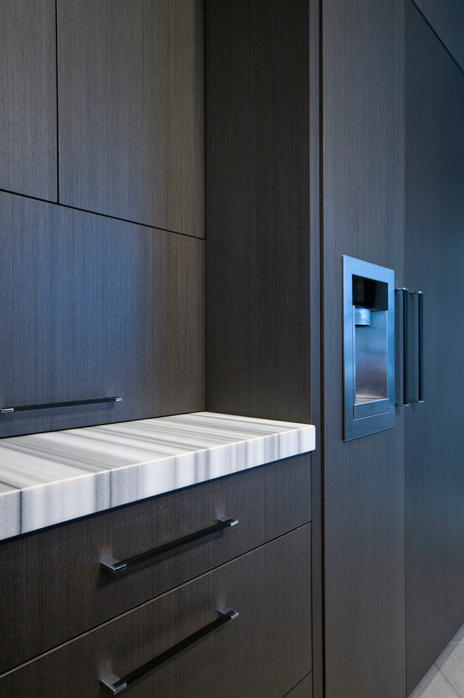 Diseño de cocina comedor contemporánea con armarios con paneles lisos, puertas de armario grises y electrodomésticos de acero inoxidable