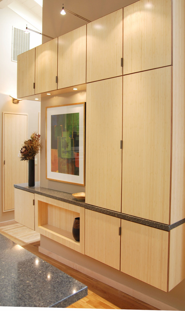 Diseño de cocina contemporánea grande con armarios con paneles lisos, puertas de armario de madera clara, encimera de granito, electrodomésticos de acero inoxidable y suelo de madera en tonos medios