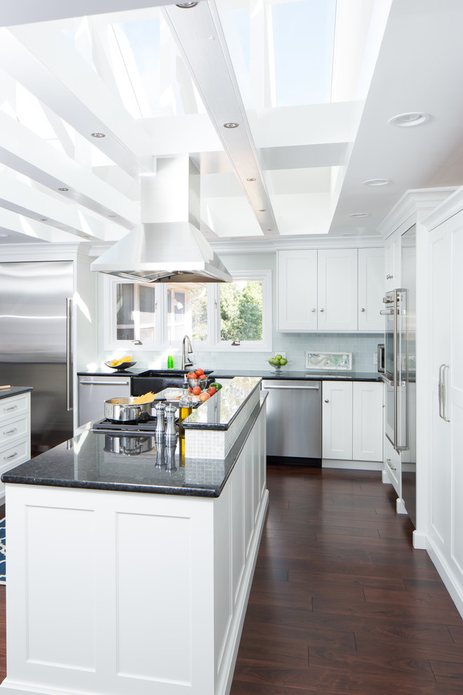Photo of a large traditional l-shaped kitchen in St Louis with a double-bowl sink, white cabinets, granite worktops, glass tiled splashback, stainless steel appliances, dark hardwood flooring, recessed-panel cabinets and blue splashback.