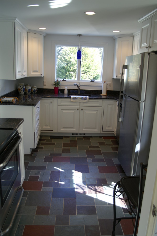 This is an example of a traditional kitchen in Providence with ceramic flooring.