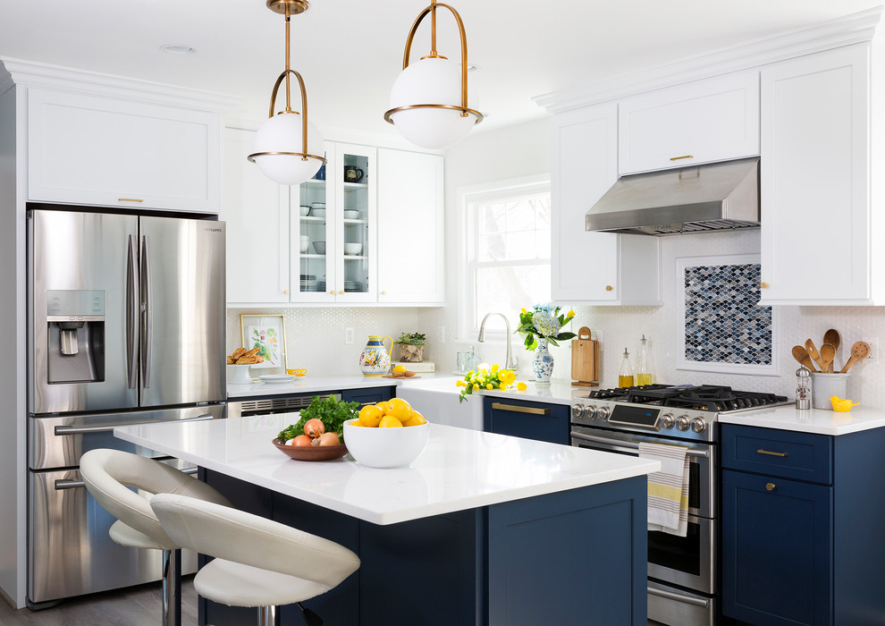 Kitchen - transitional l-shaped kitchen idea in Other with a farmhouse sink, shaker cabinets, quartz countertops, an island, white cabinets, multicolored backsplash, mosaic tile backsplash and stainless steel appliances