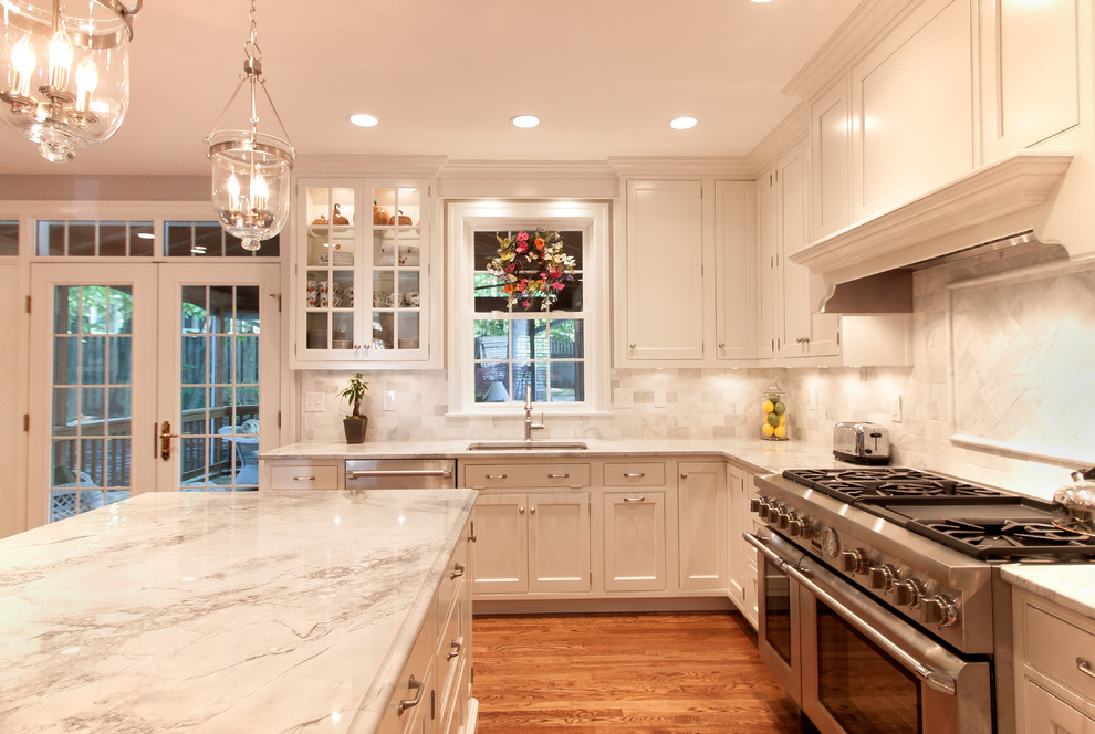 Kitchen - large contemporary medium tone wood floor kitchen idea in DC Metro with beaded inset cabinets, white cabinets, granite countertops and an island