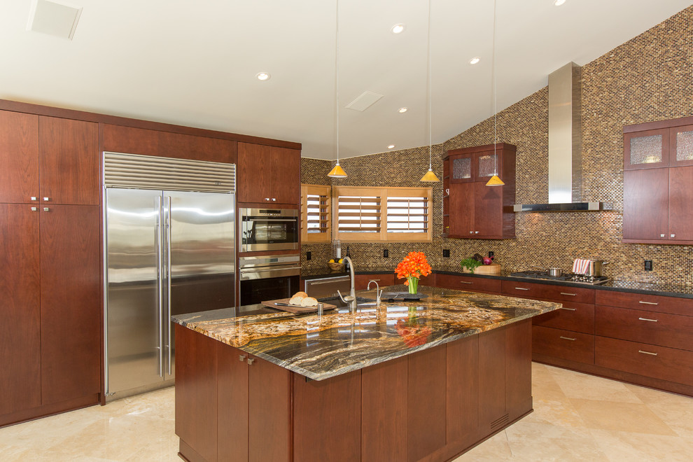 Inspiration for a large contemporary l-shaped marble floor eat-in kitchen remodel in Orange County with a single-bowl sink, flat-panel cabinets, brown cabinets, granite countertops, brown backsplash, glass tile backsplash, stainless steel appliances and an island