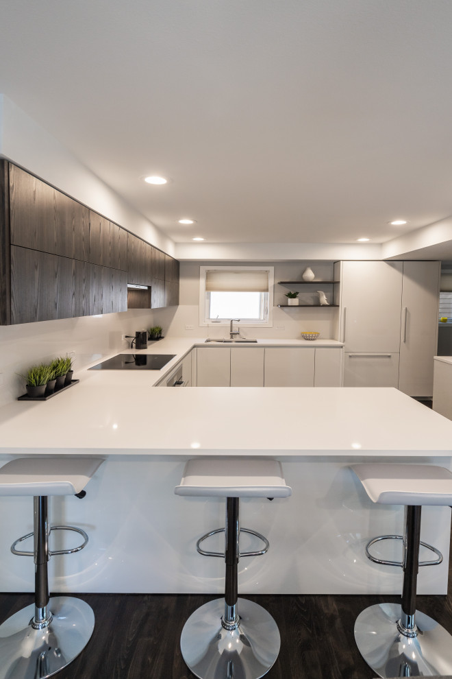 Foto på ett mellanstort funkis vit kök, med en undermonterad diskho, släta luckor, vita skåp, bänkskiva i kvarts, vitt stänkskydd, rostfria vitvaror, mörkt trägolv och brunt golv