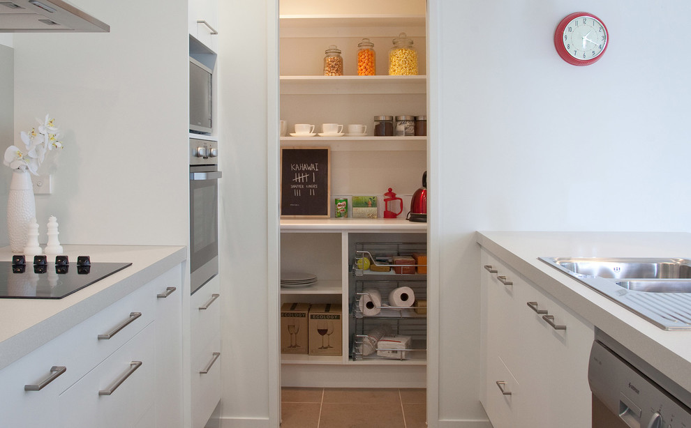 Example of a mid-sized trendy galley kitchen pantry design in Other with a double-bowl sink, solid surface countertops and stainless steel appliances