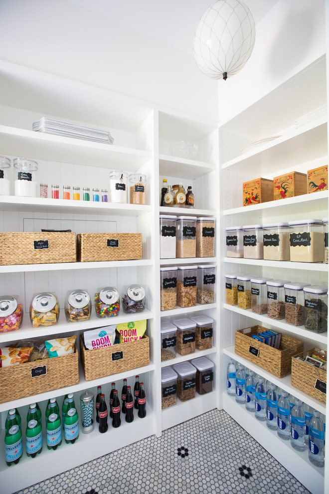 Mid-sized transitional white floor kitchen pantry photo in Santa Barbara with open cabinets and white cabinets