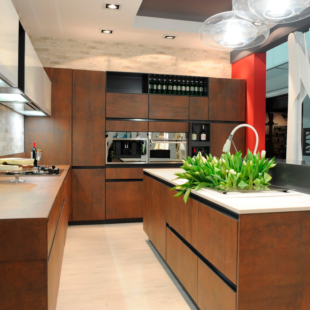 This is an example of a contemporary l-shaped separate kitchen in Essex with a drop-in sink, flat-panel cabinets, brown cabinets, stainless steel appliances, with island and beige floor.