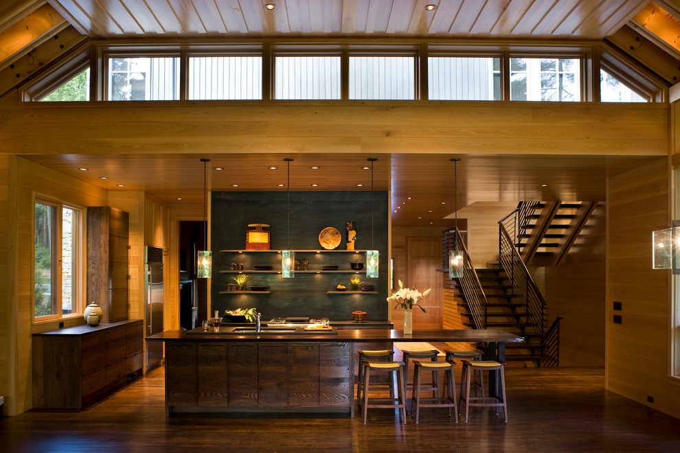 Imagen de cocina contemporánea con armarios abiertos, puertas de armario de madera en tonos medios y electrodomésticos de acero inoxidable