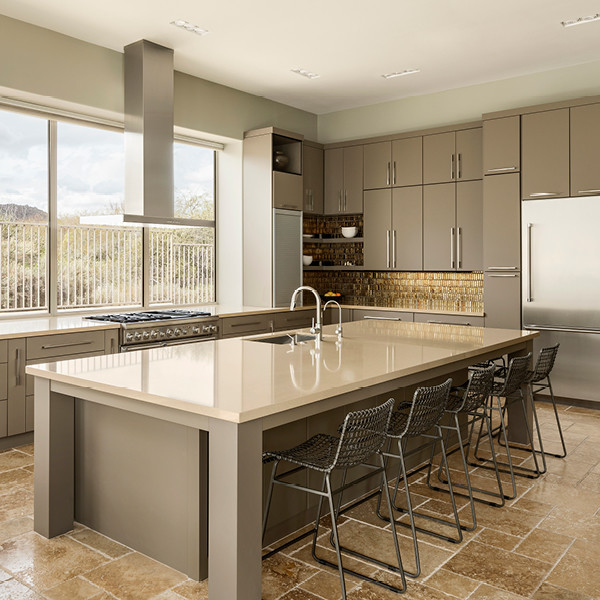 Kitchen - modern kitchen idea in Minneapolis with metallic backsplash and glass tile backsplash