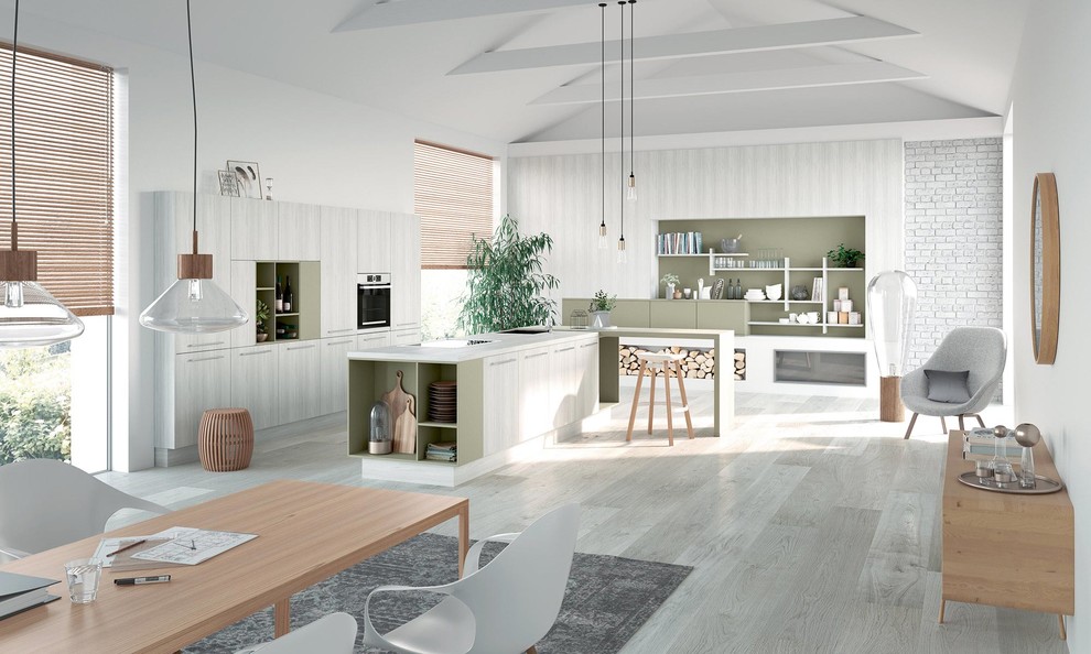 Esempio di una grande cucina scandinava con ante lisce, ante grigie, parquet chiaro e pavimento grigio