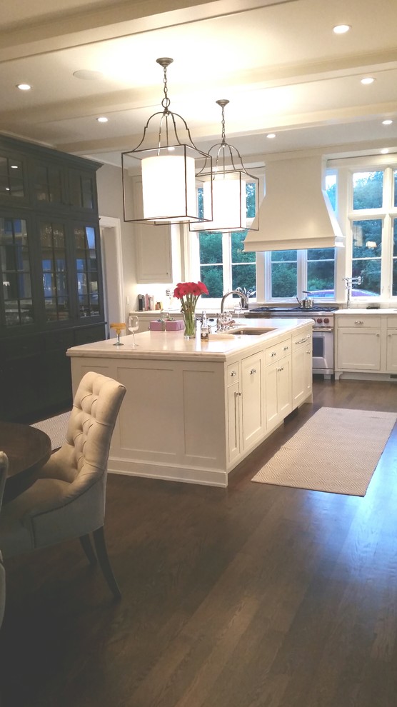 Large transitional medium tone wood floor kitchen photo in Chicago with an undermount sink, beaded inset cabinets, white cabinets, marble countertops, stainless steel appliances and an island